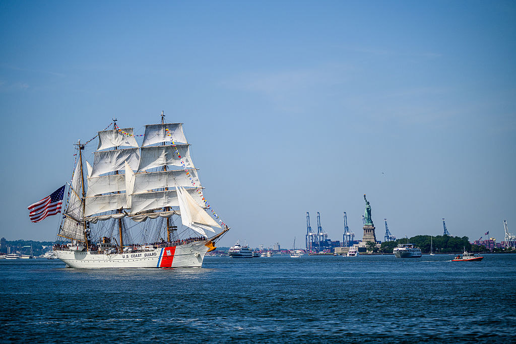 a Coast Guard ship at the July 4 celebration in front of the Statue of Liberty