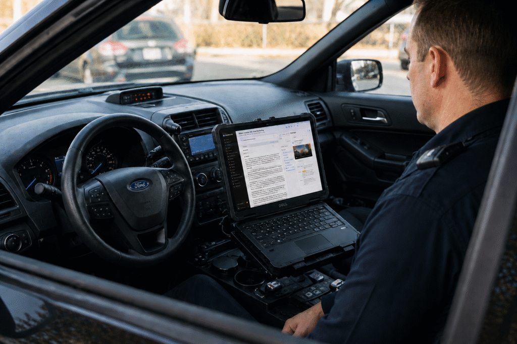 A police officerβs body-camera footage is transcribed directly into the ReportAI interface developed by software company Mark43. Police departments across the country are increasingly turning to artificial intelligence to help draft reports, analyze evidence and manage massive amounts of digital data from body cameras, surveillance systems and case files. (Photo courtesy of Mark43)