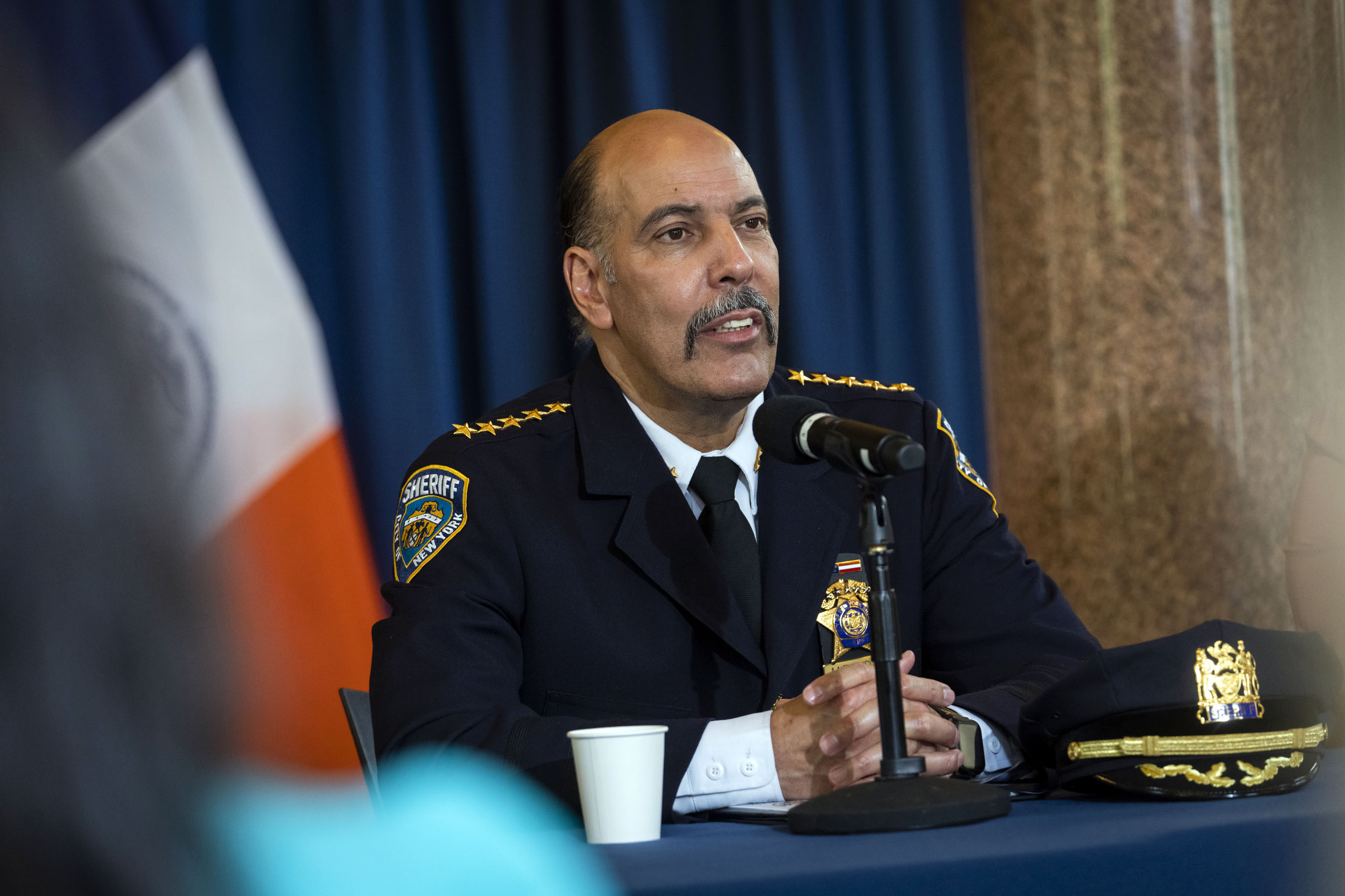 Sheriff Anthony Miranda speaks at a City Hall event in Manhattan.