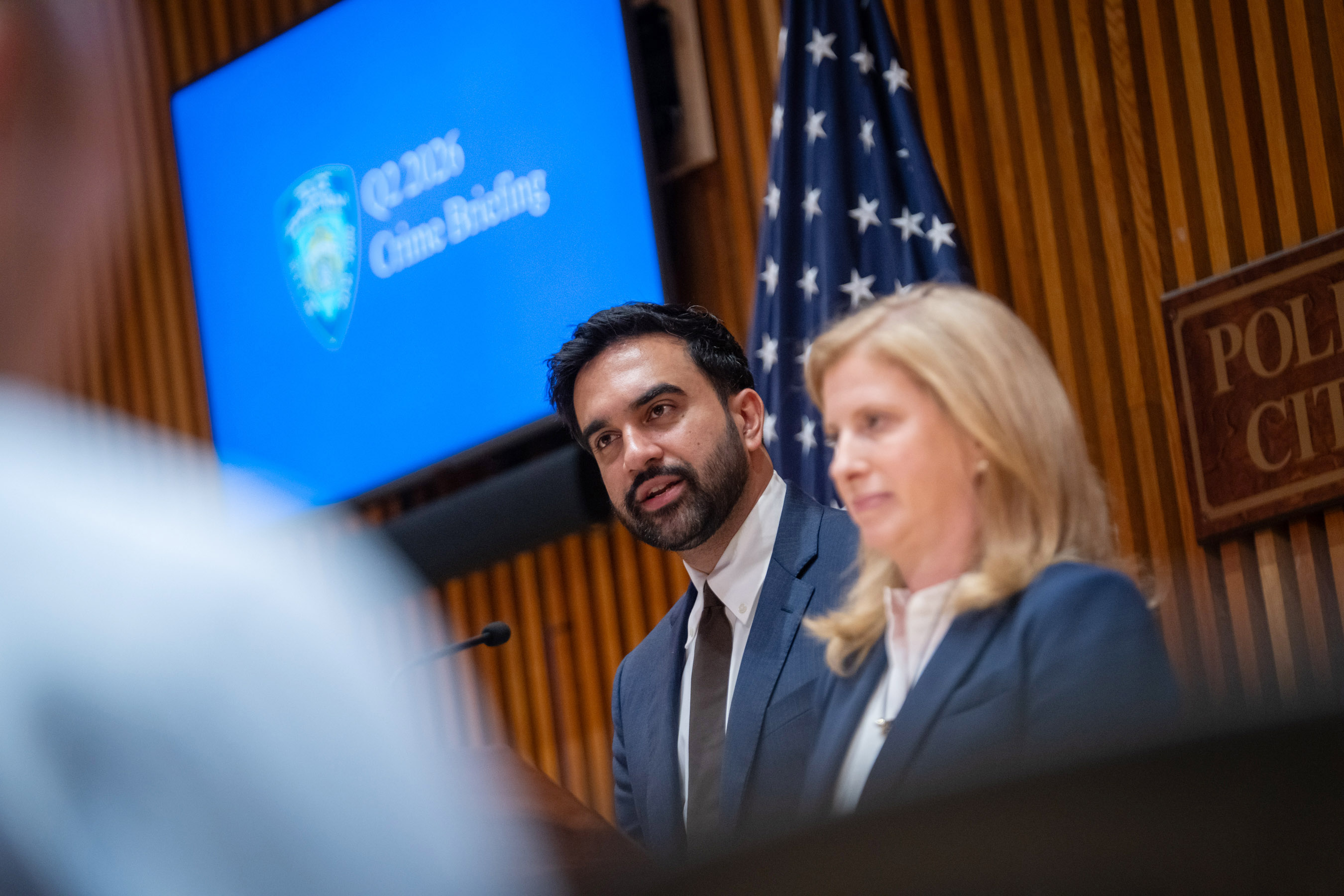 Mayor Mamdani joins New York City Police Department (NYPD) Commissioner Jessica S. Tisch for a quarterly crime statistics briefing. One Police Plaza, Manhattan.