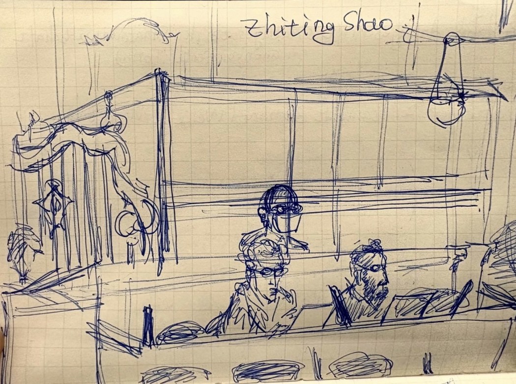 A sketch of the court hearing for Shao Zhiting's case in Berlin, drawn by a Xiaohongshu user on May 4, 2026. Photo: Many Kartoffeln, via Xiaohongshu.