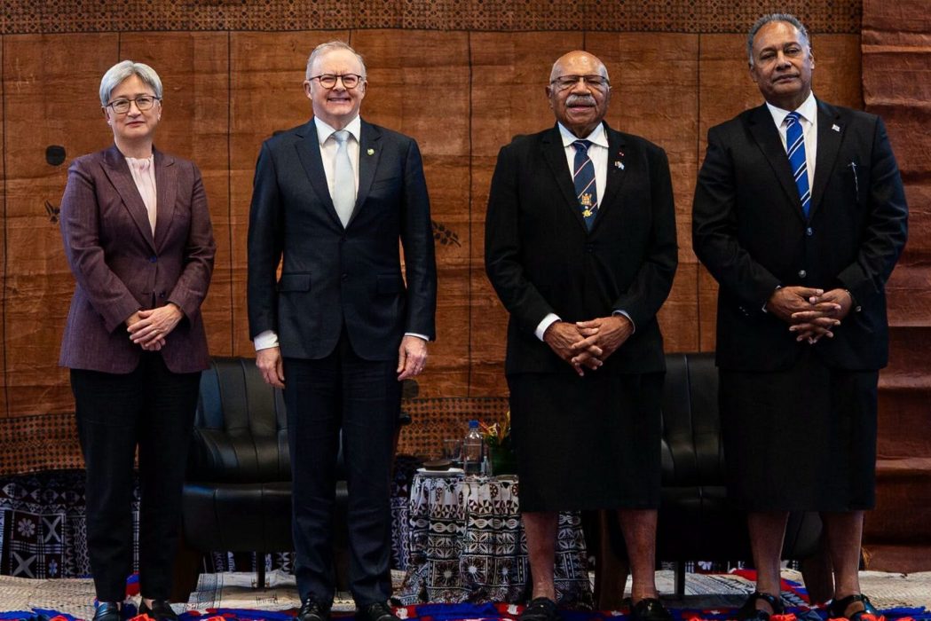 From left: Australian Foreign Minister Penny Wong, Australian Prime Minister Anthony Albanese, Fijiβs Prime Minister Sitiveni Rabuka and Fiji's Foreign Minister Sakiasi Raisevu Ditoka during a welcome ceremony in Suva, Fiji, July 6, 2026. Photo: Penny Wong, via Facebook.