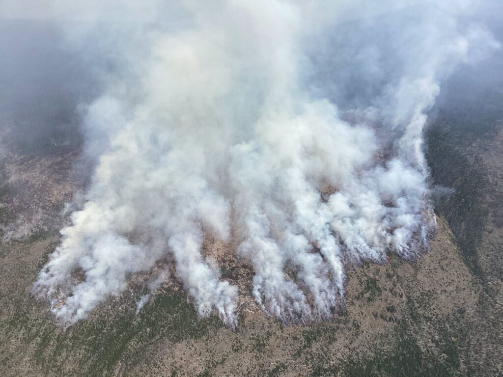 The Ptarmigan Fire burning in Washingtonβs Pasayten Wilderness, as seen in this aerial photo taken by smokejumpers July 20, has crossed the Canadian border and burned at least 18,000 acres so far. State leaders in Oregon and Washington have called for reinforcements and expect a grueling August. (Photo courtesy of U.S. Forest Service)