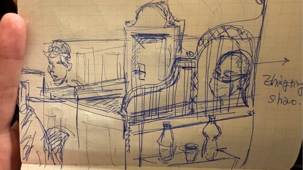 A sketch of the court hearing for Shao Zhiting's case in Berlin, drawn by a Xiaohongshu user on May 4, 2026. Photo: Many Kartoffeln, via Xiaohongshu.