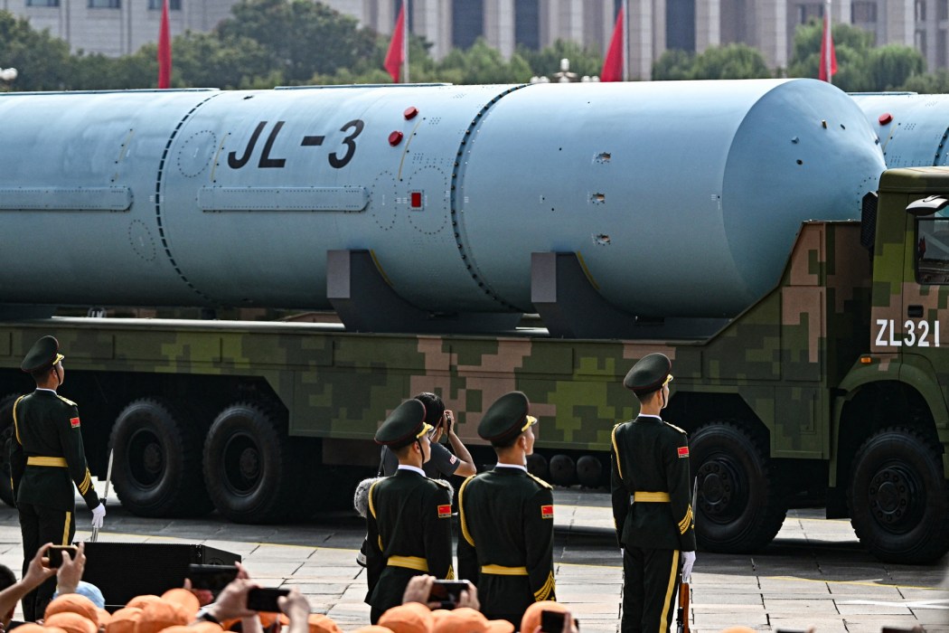 The JL-3 third-generation intercontinental-range submarine-launched ballistic missile is seen during a military parade marking the 80th anniversary of victory over Japan and the end of World War II, in Beijing's Tiananmen Square on September 3, 2025.