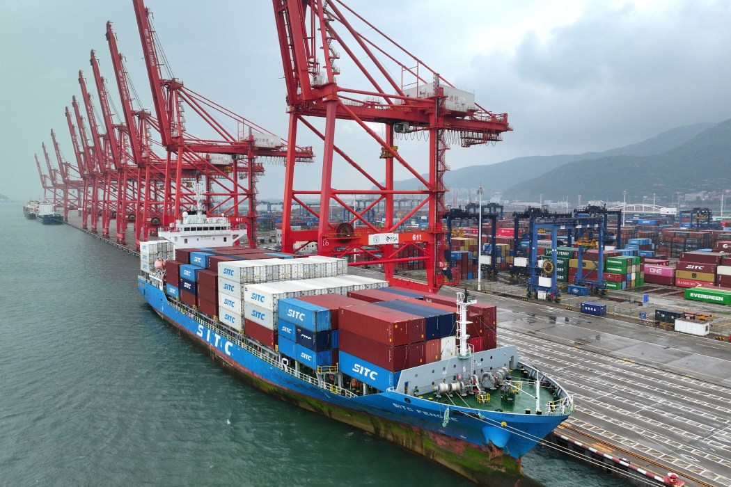 A container ship is seen at the port in Lianyungang, in China's eastern Jiangsu province on July 14, 2026. Photo: CN-STR/AFP/China OUT.