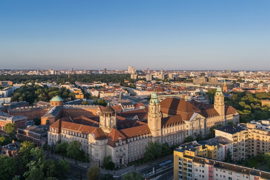 Aerial view of the Moabit Criminal Court building complex in Berlin.