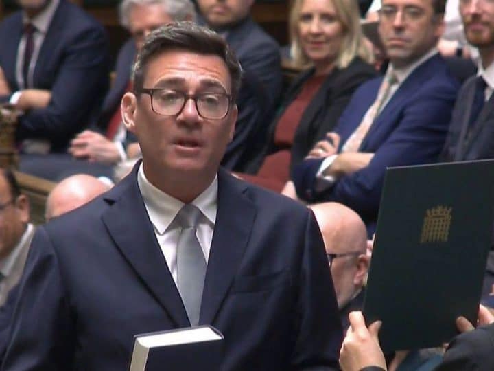 Burnham pictured in Parliament when he was sworn in as MP for Makerfield