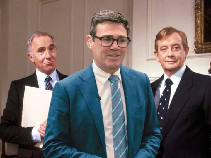 Composite image showing Andy 'King of the North' Burnham with Sir Humphrey Appleby and Bernard Woolley from 'Yes Prime Minister'