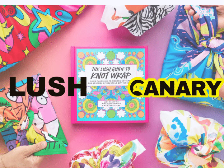 The background image is the book and it is surrounded by gifts that are wrapped or are being wrapped, in Knot Wraps. They are all very vibrant colours LUSH