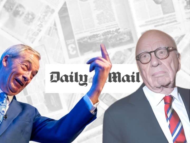 Nigel Farage of Reform uK, Rupert Murdoch, and the Daily Mail logo