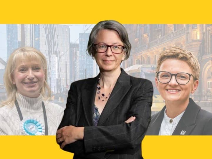 Geraldine Coggins of the Green Party, Bev Coggins of Labour, and Sian Astley of Reform UK, Greater Manchester mayor race