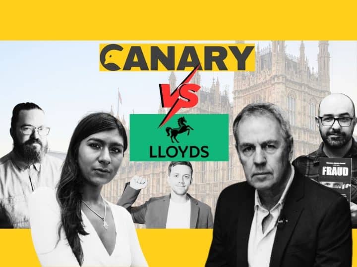The Canary logo, the Lloyds bank logo, and various UK journalists
