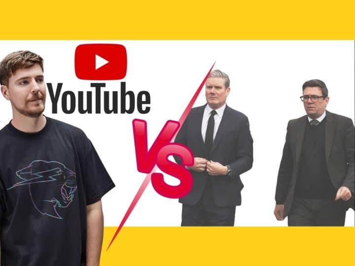 Mr Beast, the YouTube logo, and Keir Starmer and Andy Burnham of the UK government
