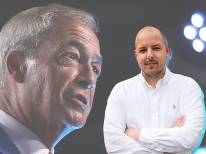 Two separate images of Nigel Farage (left) and George Madgwick, of Reform UK, with his hands folded in a shirt, looking professional