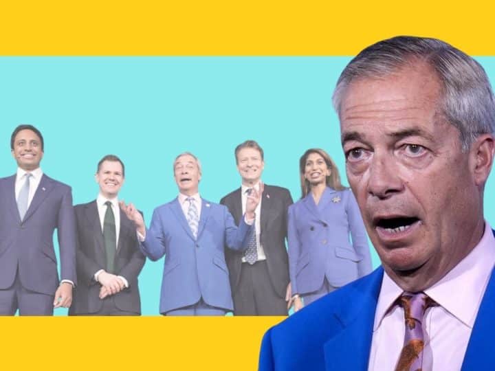 Nigel Farage and other Reform UK MPs and politicians in a collage