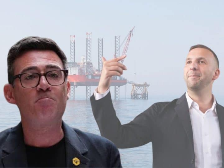 Andy Burnham of Labour, Zack Polanski of Green Party, and a North Sea oil rig