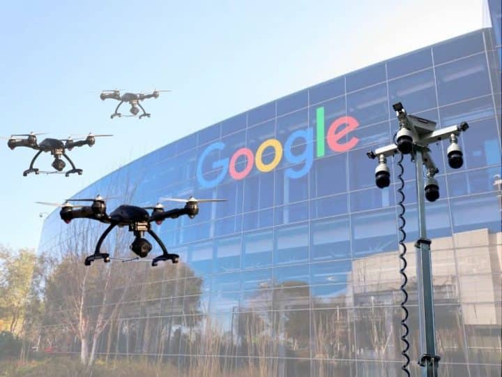 Google headquarters, drones, and a cctv surveillance tower