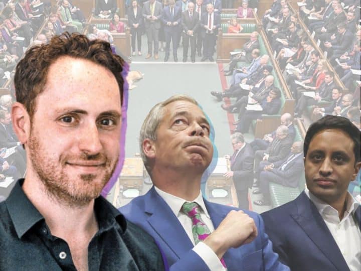Hugo Rifkind of the Times, and Nigel Farage and Zia Yusuf of Reform UK