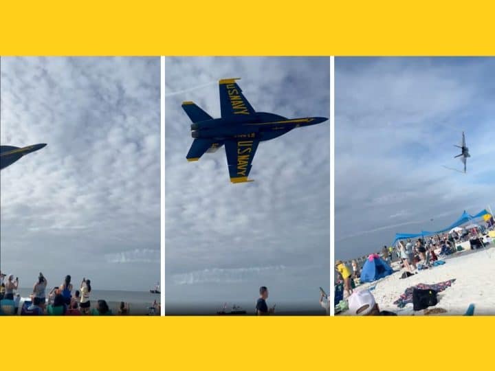 Images of a Blue Angels jet passing over a beach full of people