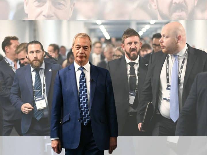 Nigel Farage and a security team