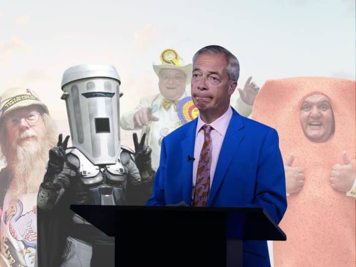 Nigel Farage, Count Bindace, Howling Laud Hope, Baron Von Thunderclap and Mr Fishfinger who are all standing as candidates in the Clacton by-election