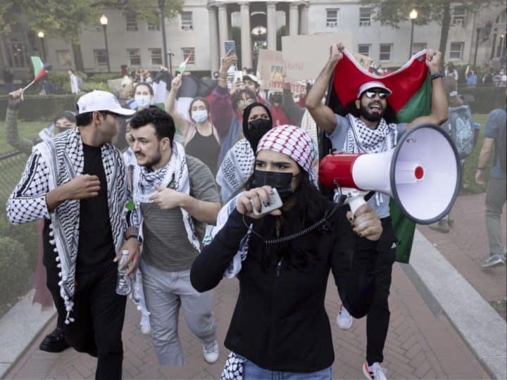 Israel: Pro-Palestinian demonstrators march at Columbia University on 12 October 2023