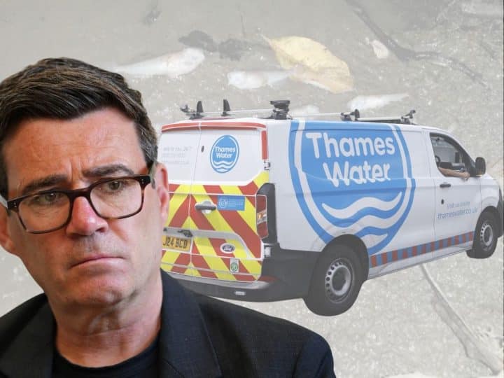 Andy Burnham of the Labour Party and a Thames Water van