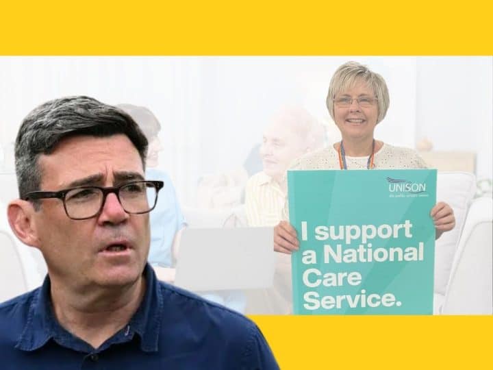 Andy Burnham mouth agape in the foreground, and a union worker holding a National Care Service sign in the background