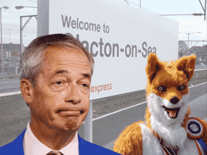 An image of Clacton-On-Sea's railway track with the sign in show. In front of them on the right is Rob Pownall dressed in his red fox outfit. On the left is an image of Nigel Farage's bust, and he is looking perplexed