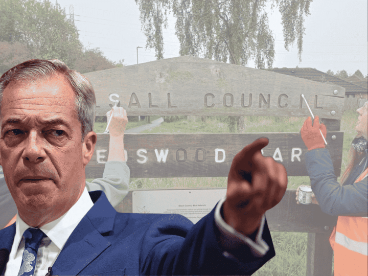 A graphic composed of two women painting the wooden Reedswood Park sign with Nigel Farage, Reform leader, in the foreground in a suit and pointing aggressively