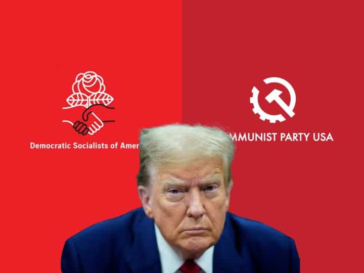 Composite image showing donald Trump in front of the logos of Democratic Socialists of America and Communist Party USA