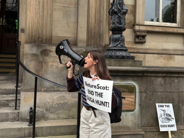 Devon Docherty of Protect the Wild protesting against NatureScot at the Biodiversity + Business Live conference at the Royal College of Physicians in Edinburgh