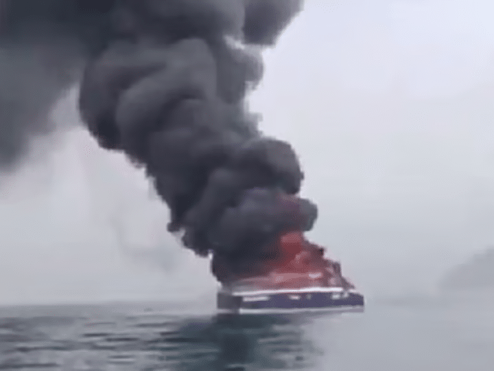 Excerpt of video showing an alleged Iran ship on fire after Ukrainian attack in Caspian Sea
