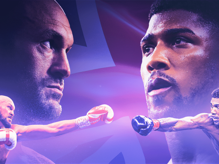 A designed graphic featuring head shots of a serious-looking Tyson Fury (left) and Anthony Joshua (right) above them in fighting stances with a Union Jack flag in the background