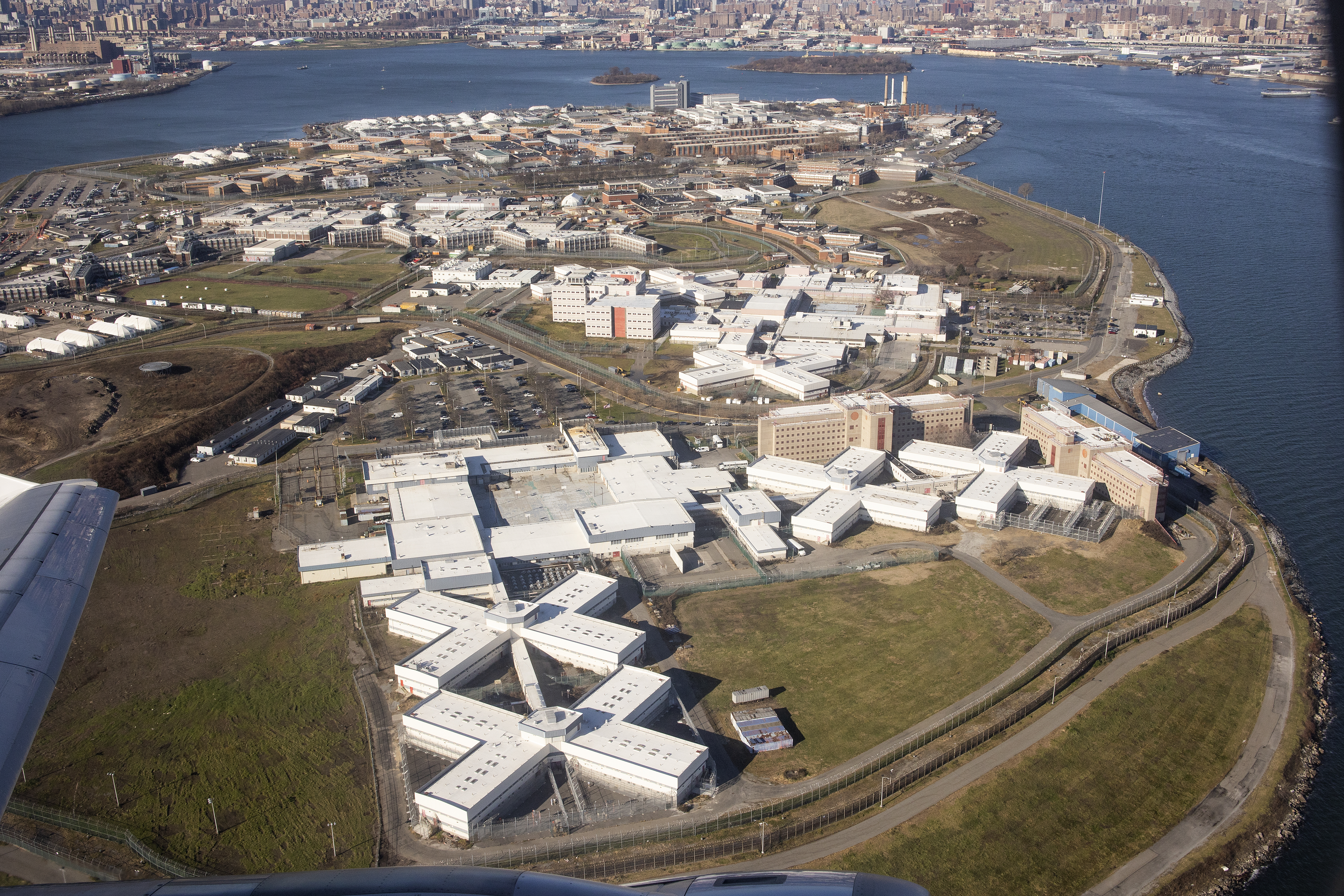 The New York City jails on Rikers Island, as seen from a departing flight from Laguardia Airport.
