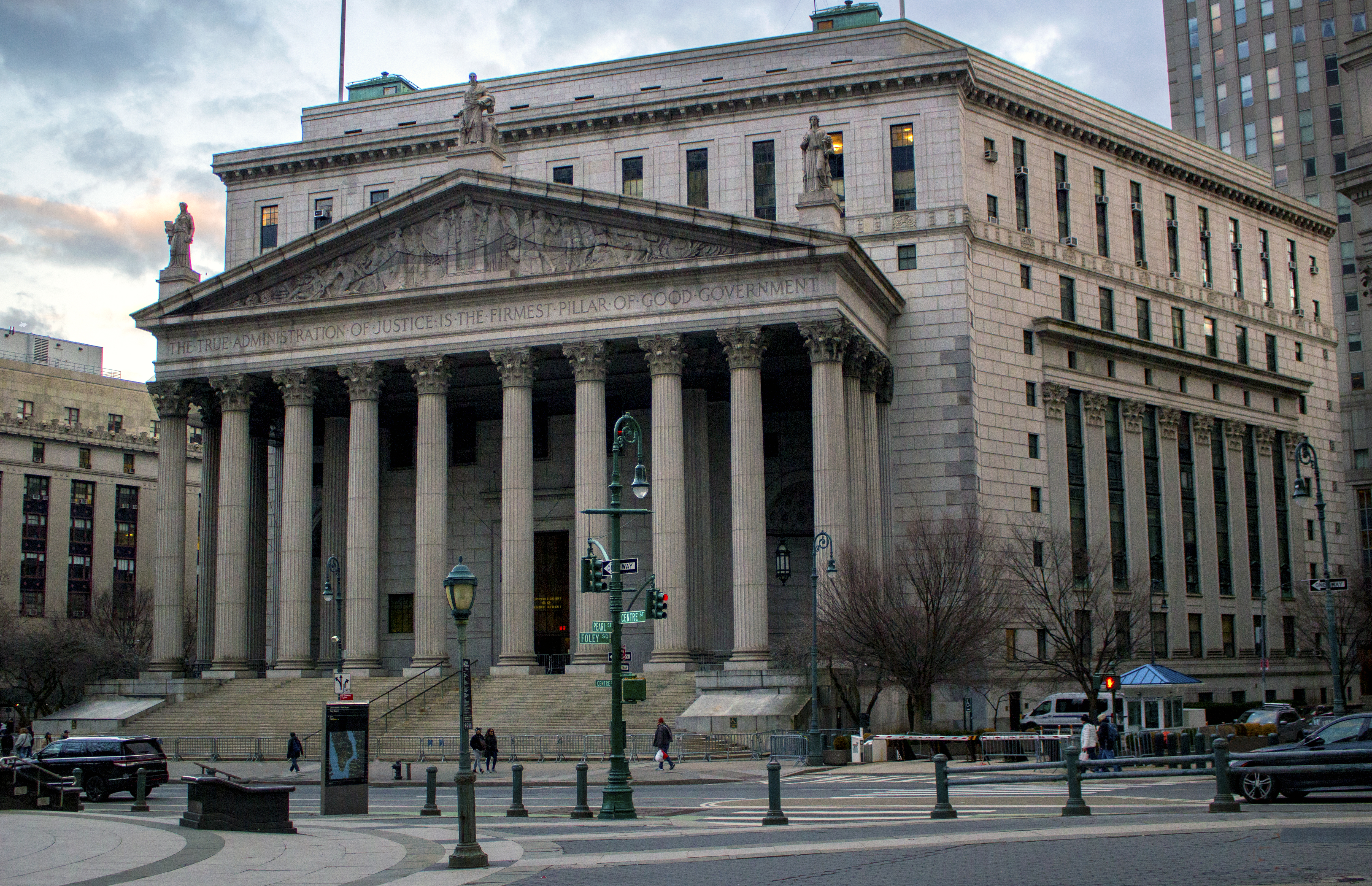 Early evening view of the New York County Supreme Court building on Foley Square in Manhattan.