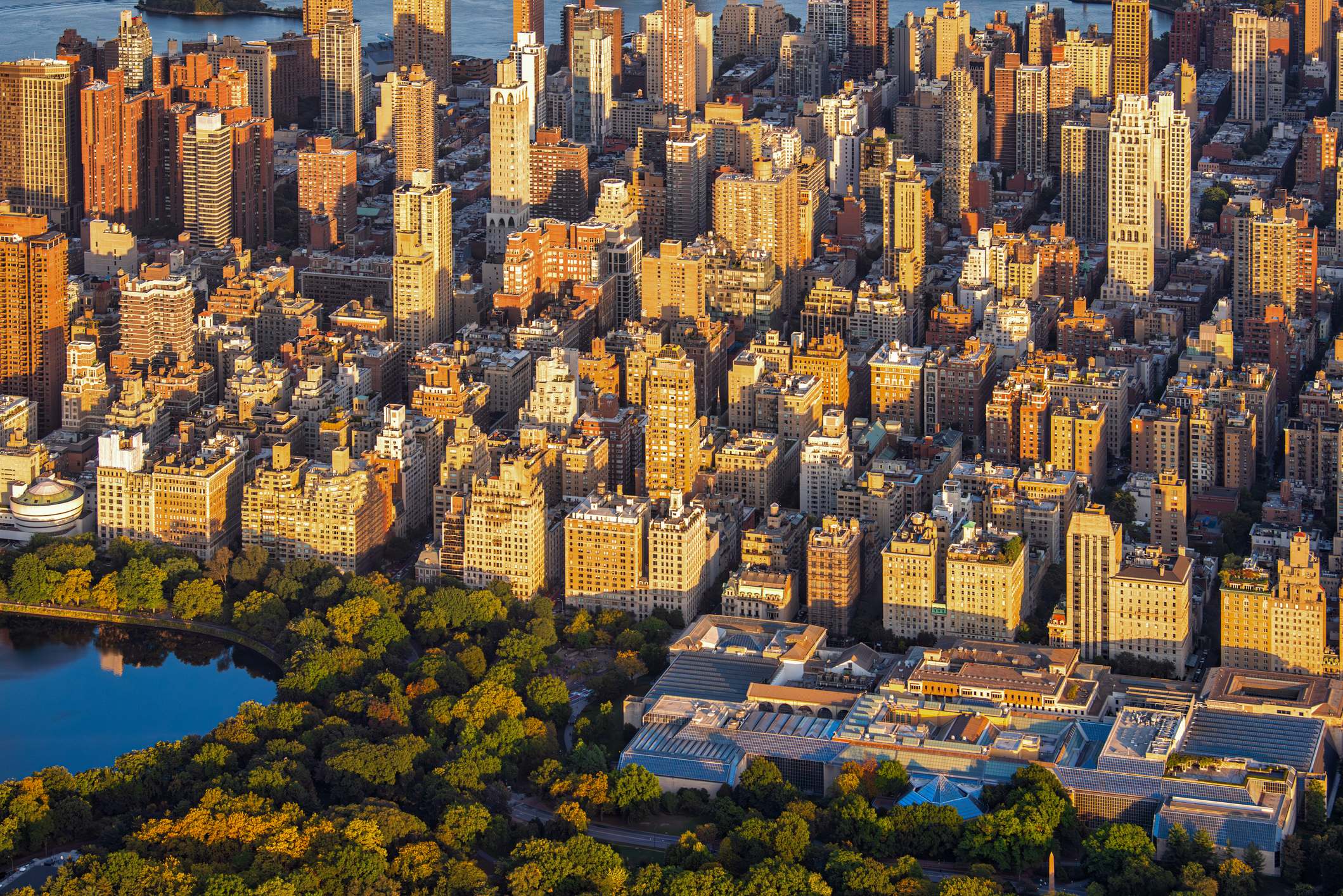 Residential apartment buildings lining Central Park on Manhattan's Upper East Side.