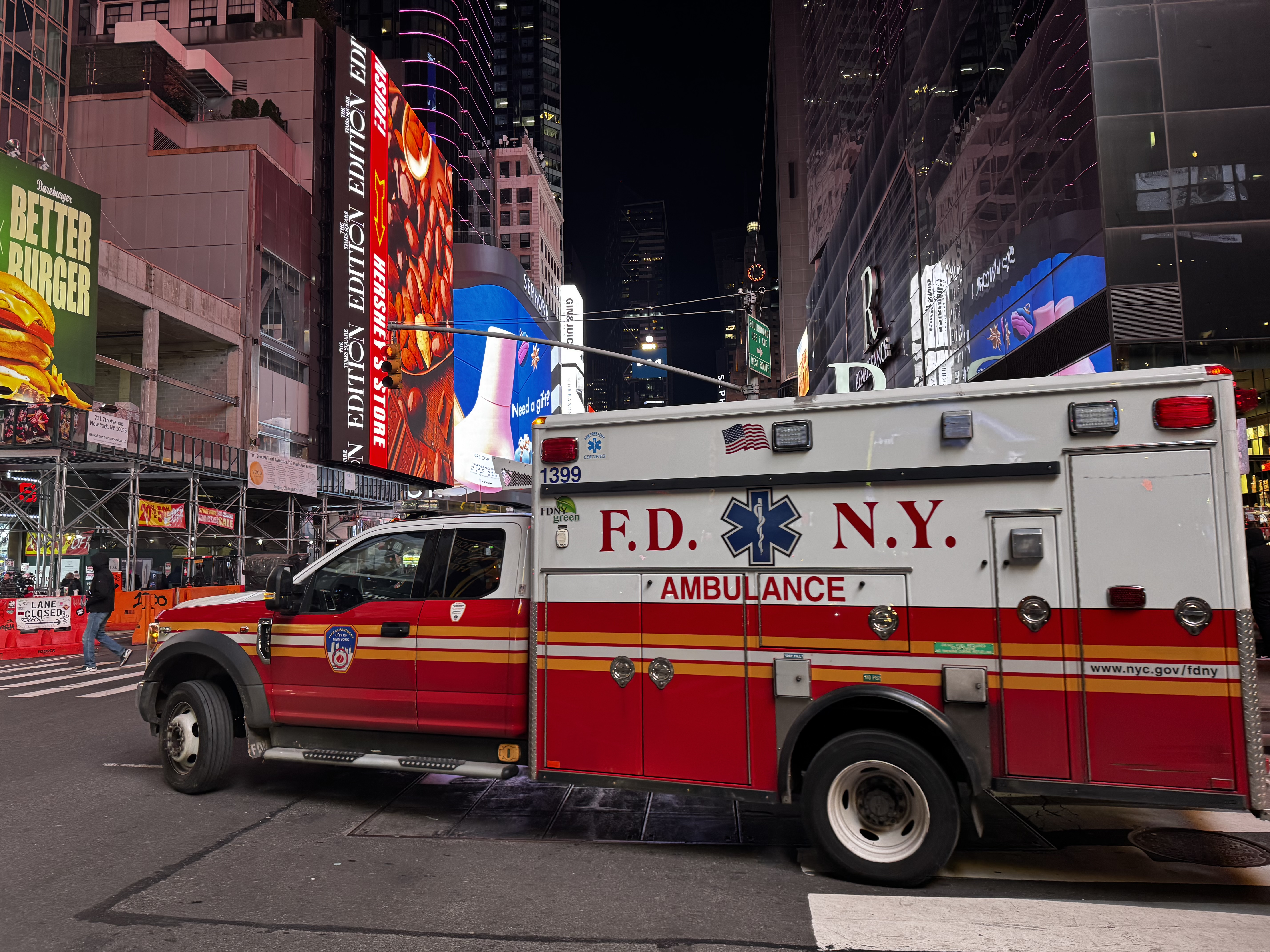 An ambulance rolls near Times Square in New York City