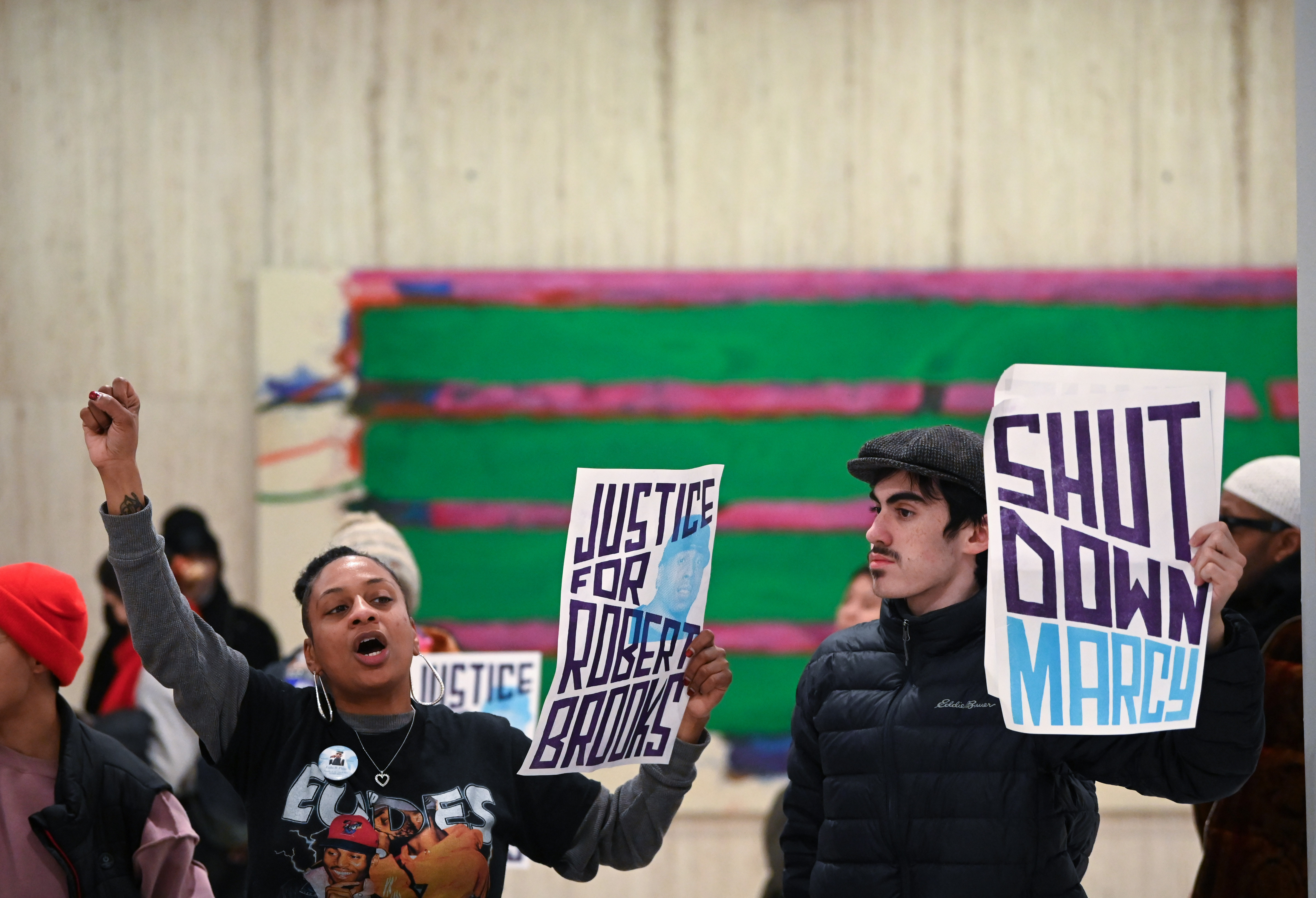 Demonstrators rally in support of fatally beaten Marcy Correctional Facility inmate Robert Brooks ahead of Gov. Kathy Hochuls 2025 State of the State Address.