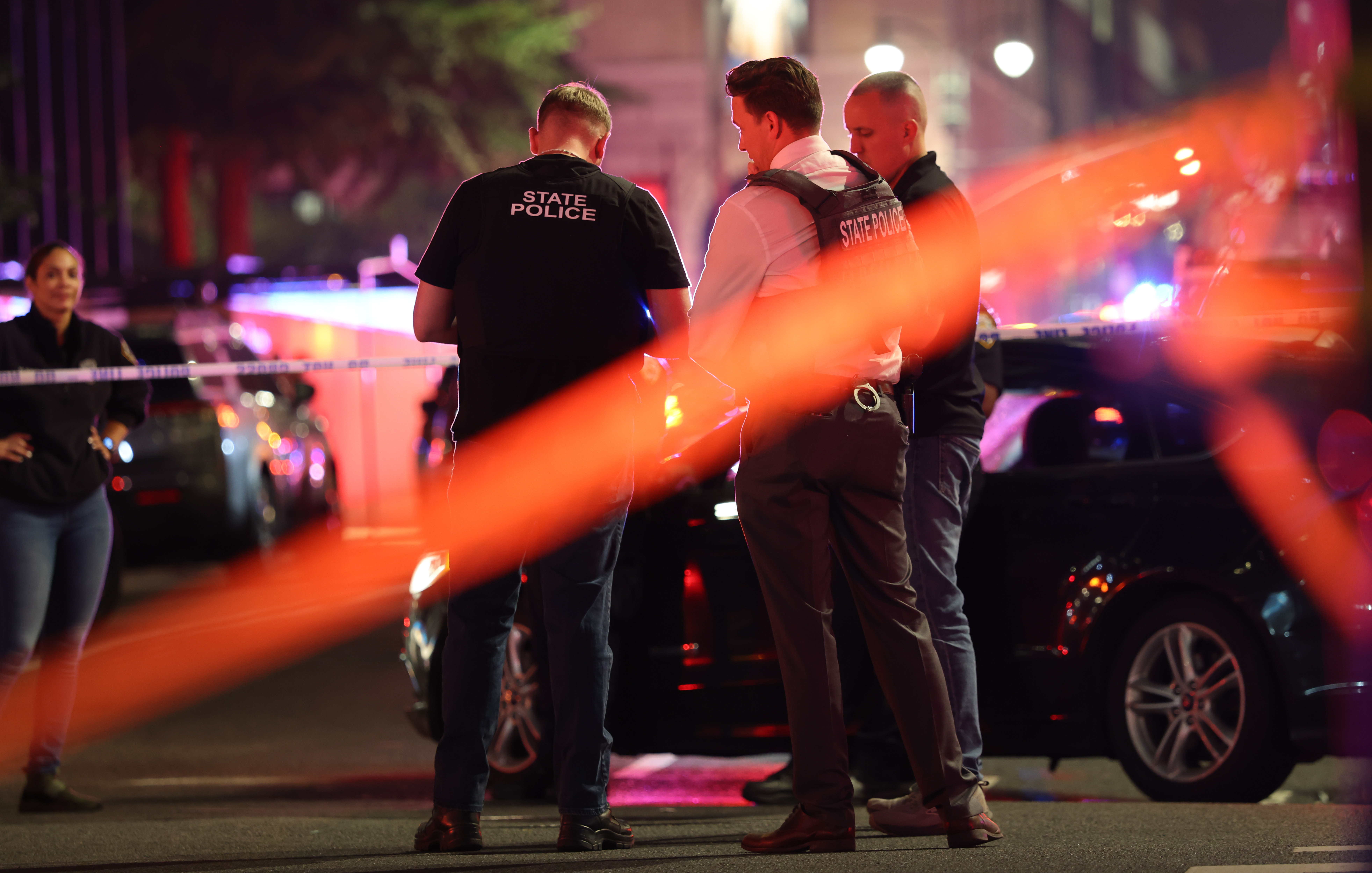 Police work at the scene of a fatal shooting in midtown Manhattan on July 28, 2025 in New York City.