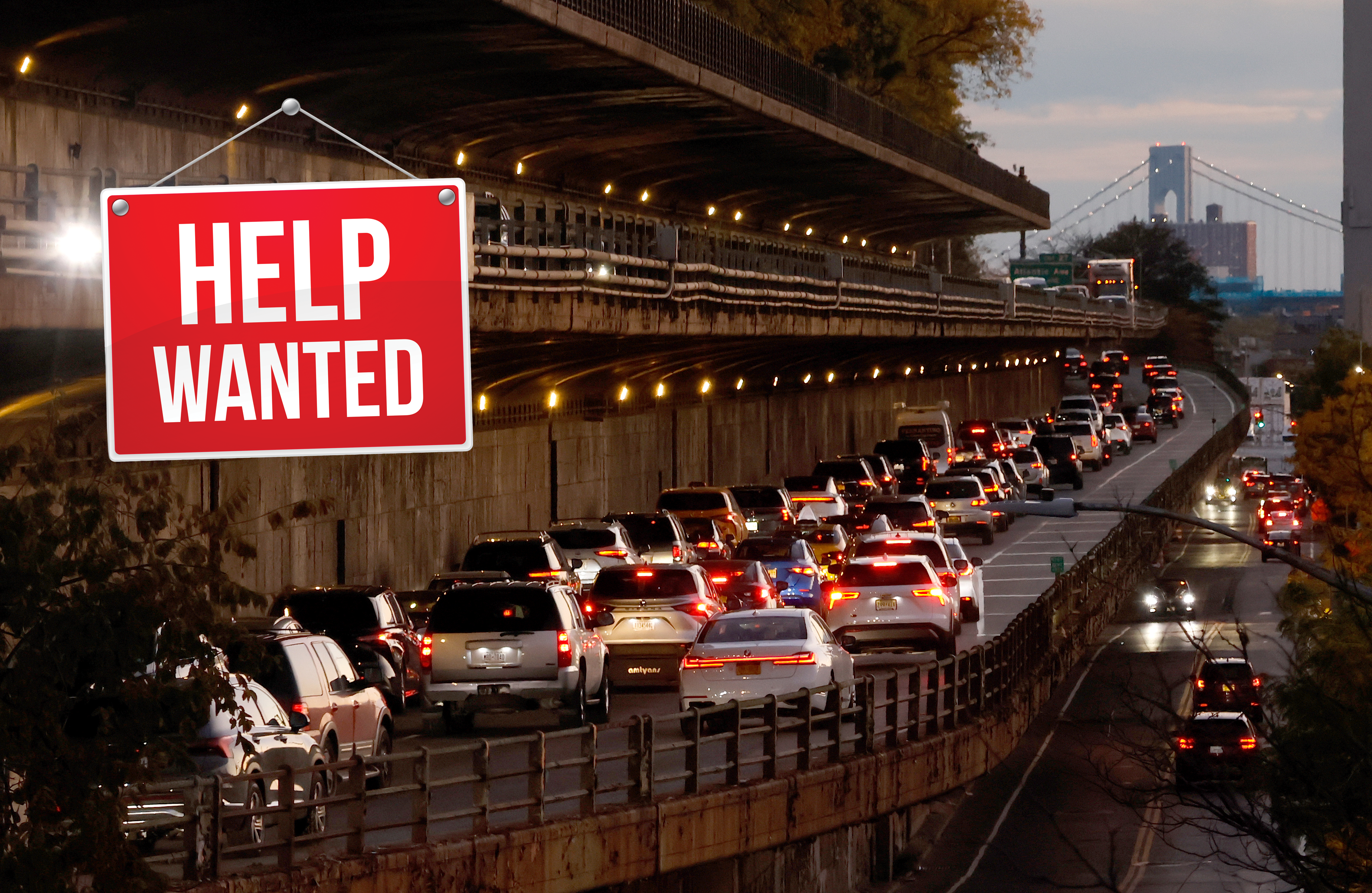 A help wanted sign is photoshopped over a photo of the triple-cantilever.