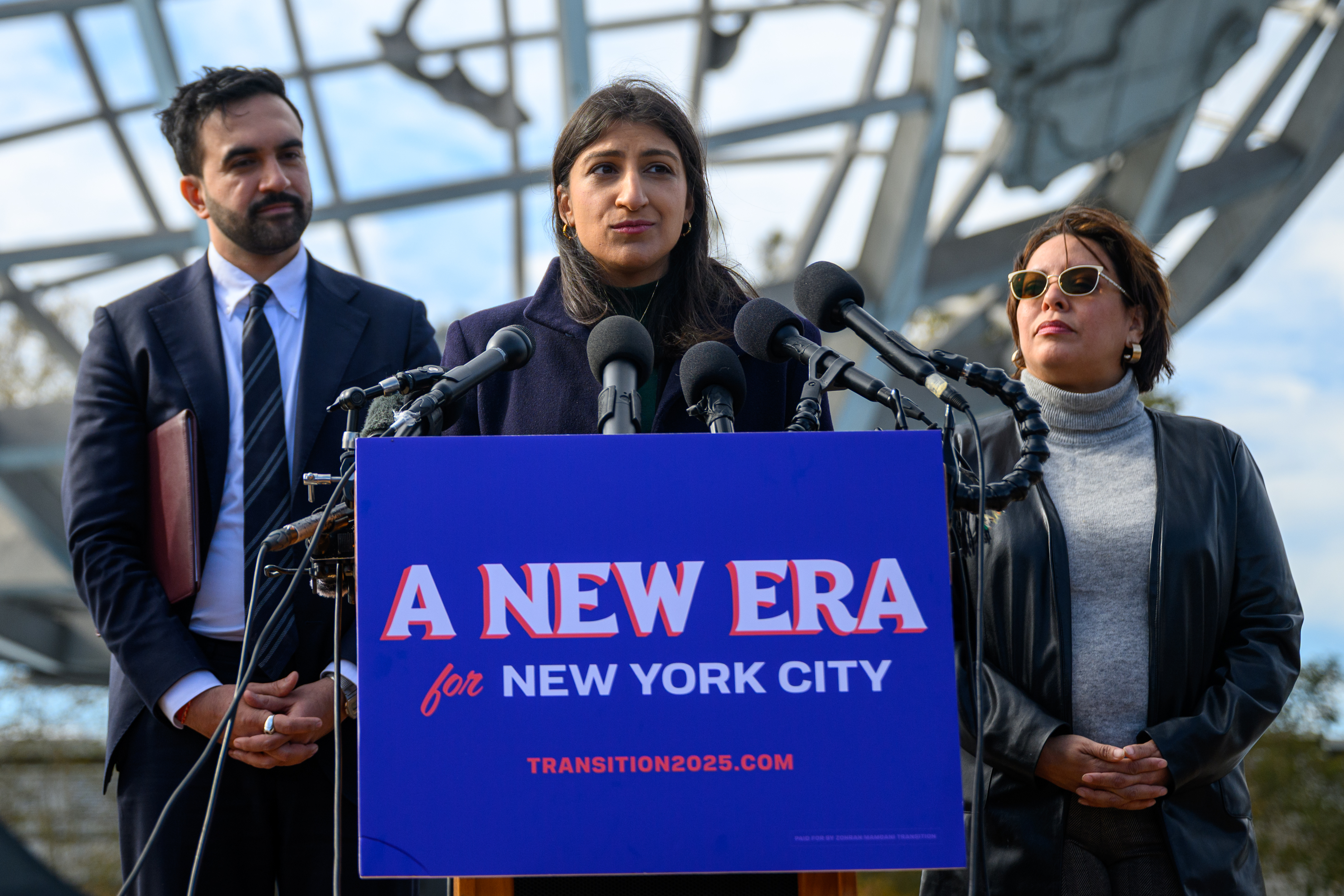 Former FTC Chair Lina Khan (center) is a co-chair of Mayor-elect Zohran Mamdani's transition team.