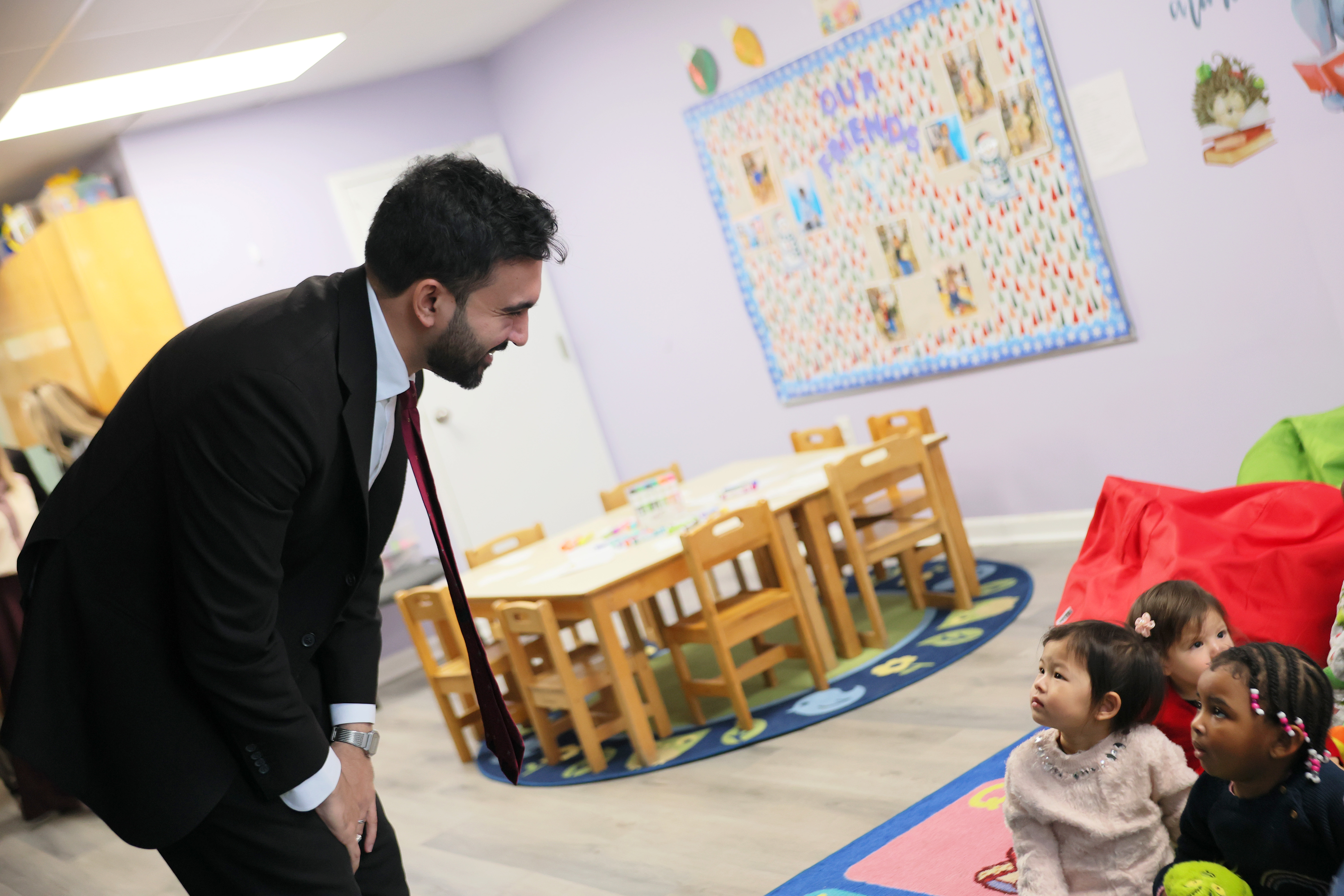 New York City Mayor-elect Zohran Mamdani arrives at Little Scholars on December 11, 2025 in New York City. Mamdani visited a school and met with educators to speak about the importance of his campaign promise of Universal Child Care after meeting with business leaders to discuss how to fund the child care plan.