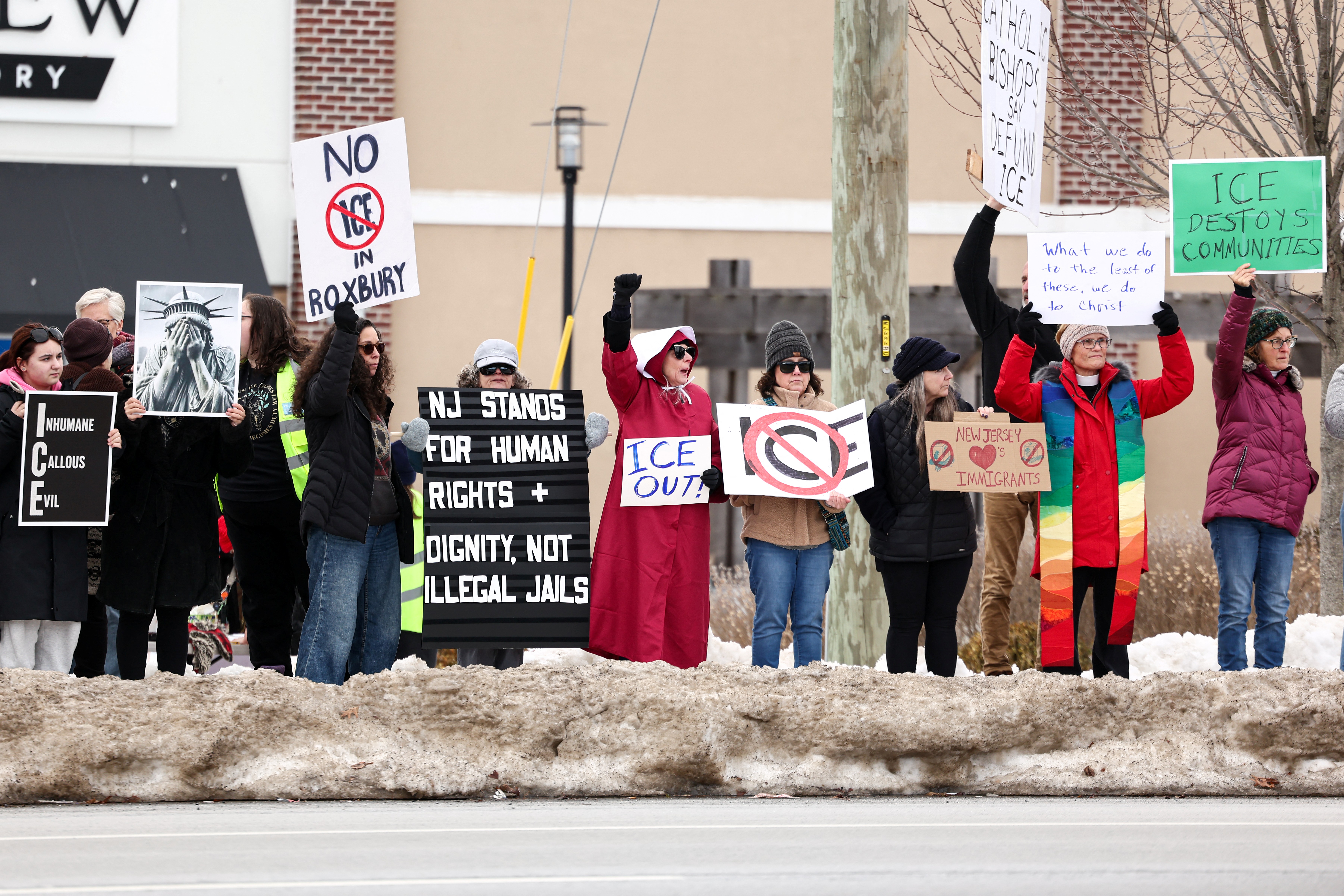 People protest against the planned project of converting a warehouse into a US Immigration and Customs Enforcement (ICE) detention center in Roxbury, New Jersey.