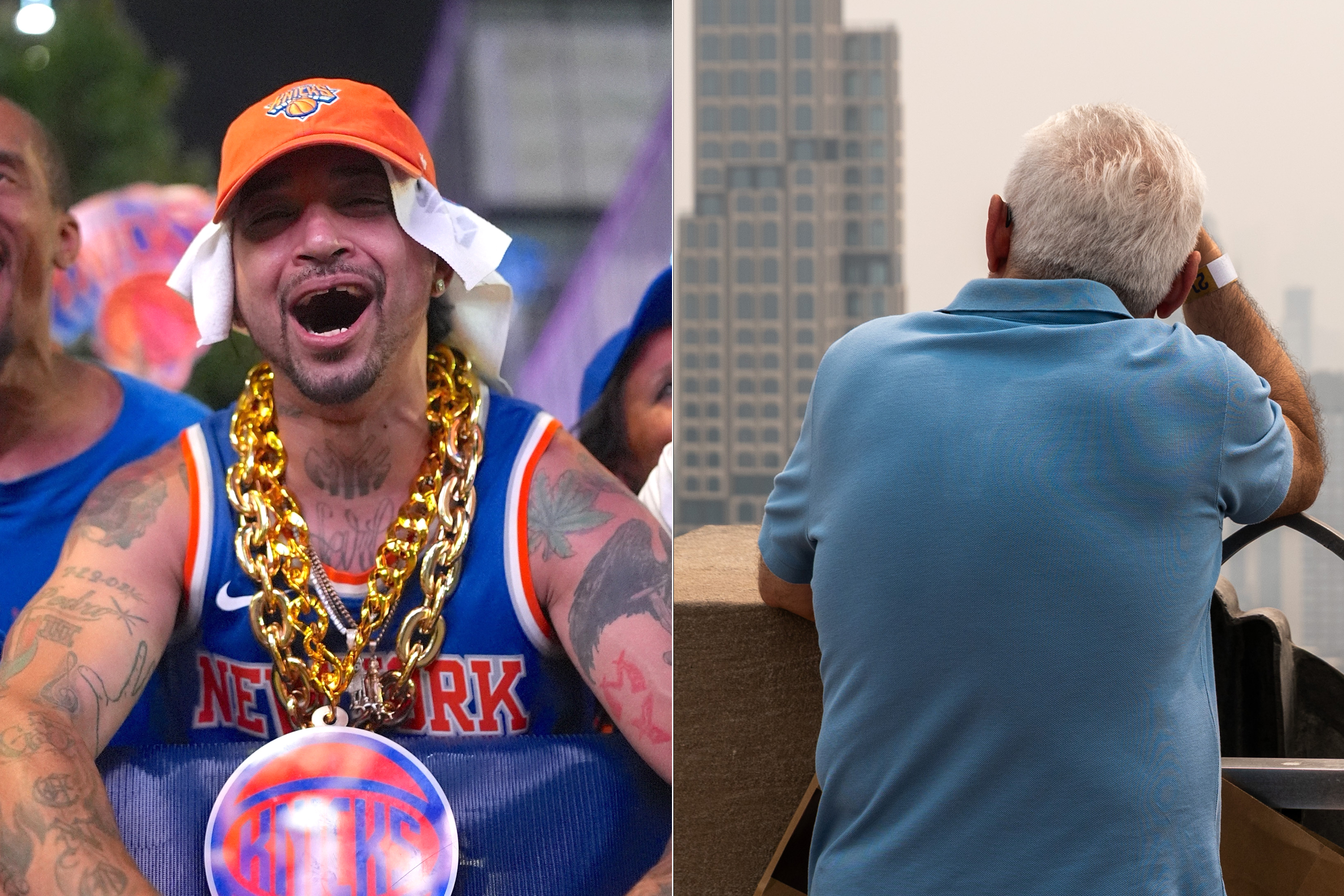 A cheerful Knicks Fan at a watch party in May, and a man dealing with the heat and smoky air Thursday