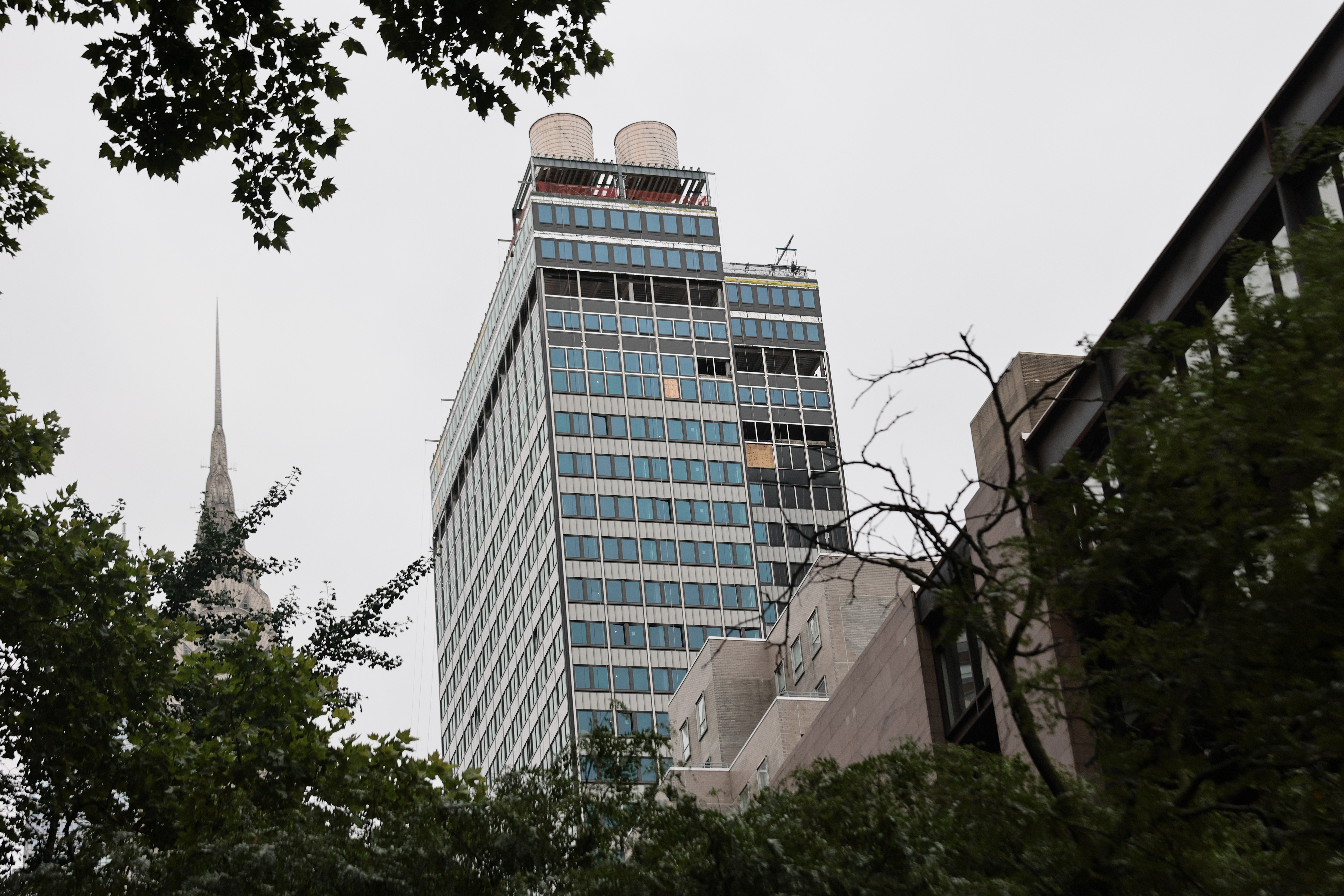 The former Pfizer headquarters building is seen on July 07, 2026 in New York City. Construction workers working on the former pharmaceutical company building, a high-profile housing project, were evacuated after it was determined that it was at risk of collapse.