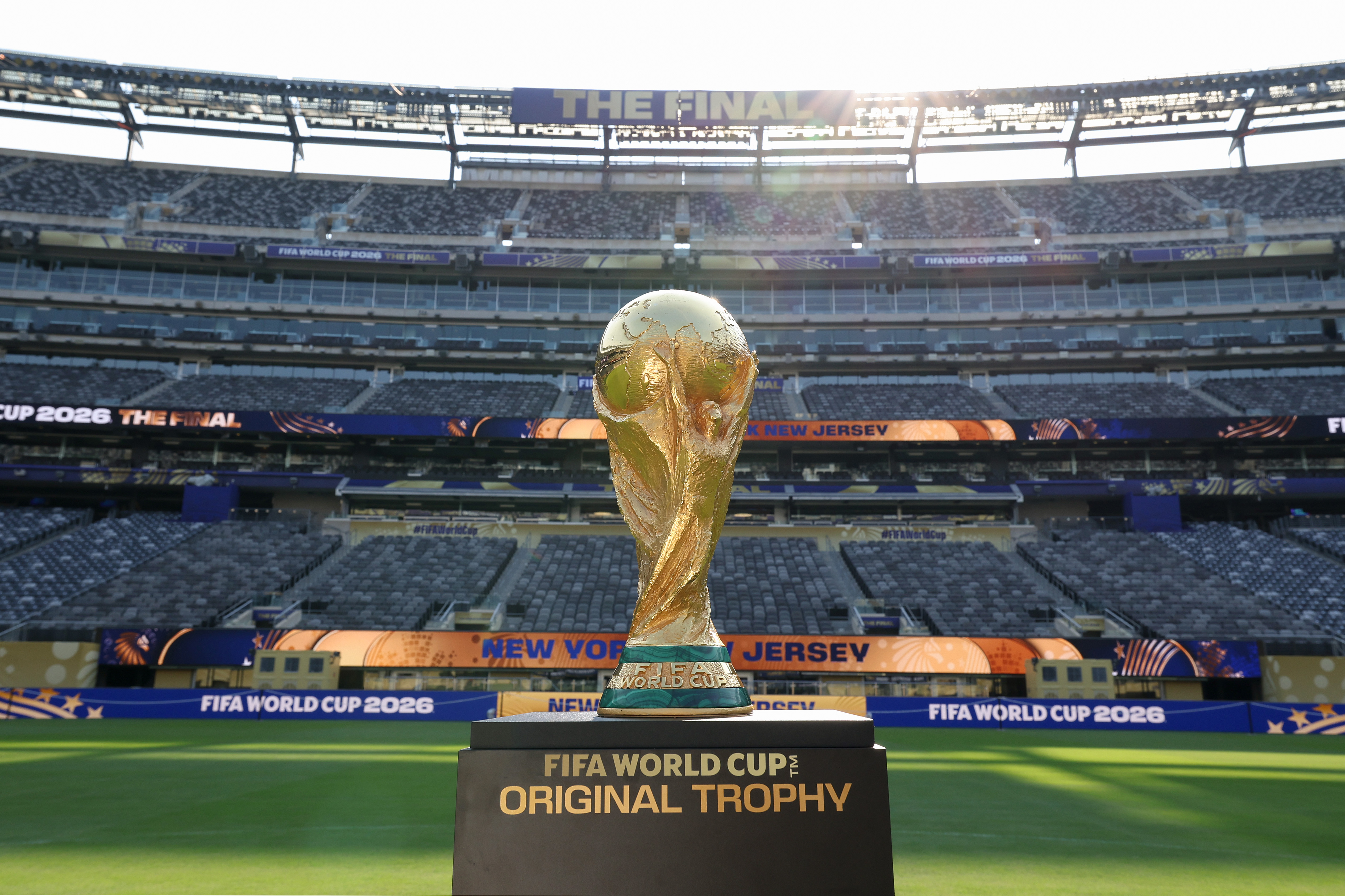 The FIFA World Cup Trophy is displayed at New York/New Jersey Stadium