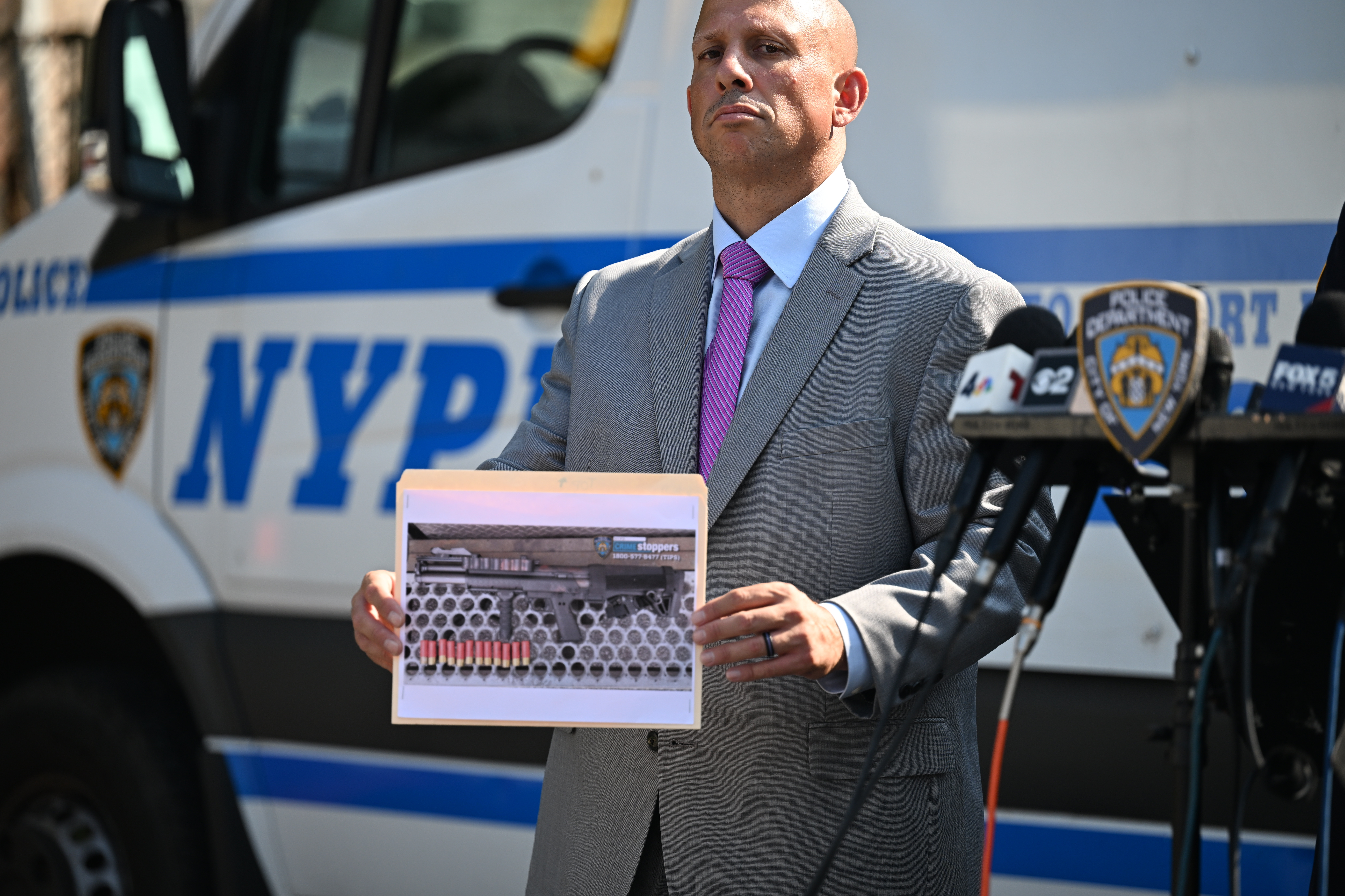 NYPD officers hold a press conference after Kegan Thomas allegedly wielded a shotgun and was shot and critically wounded by NYPD officers outside his home.