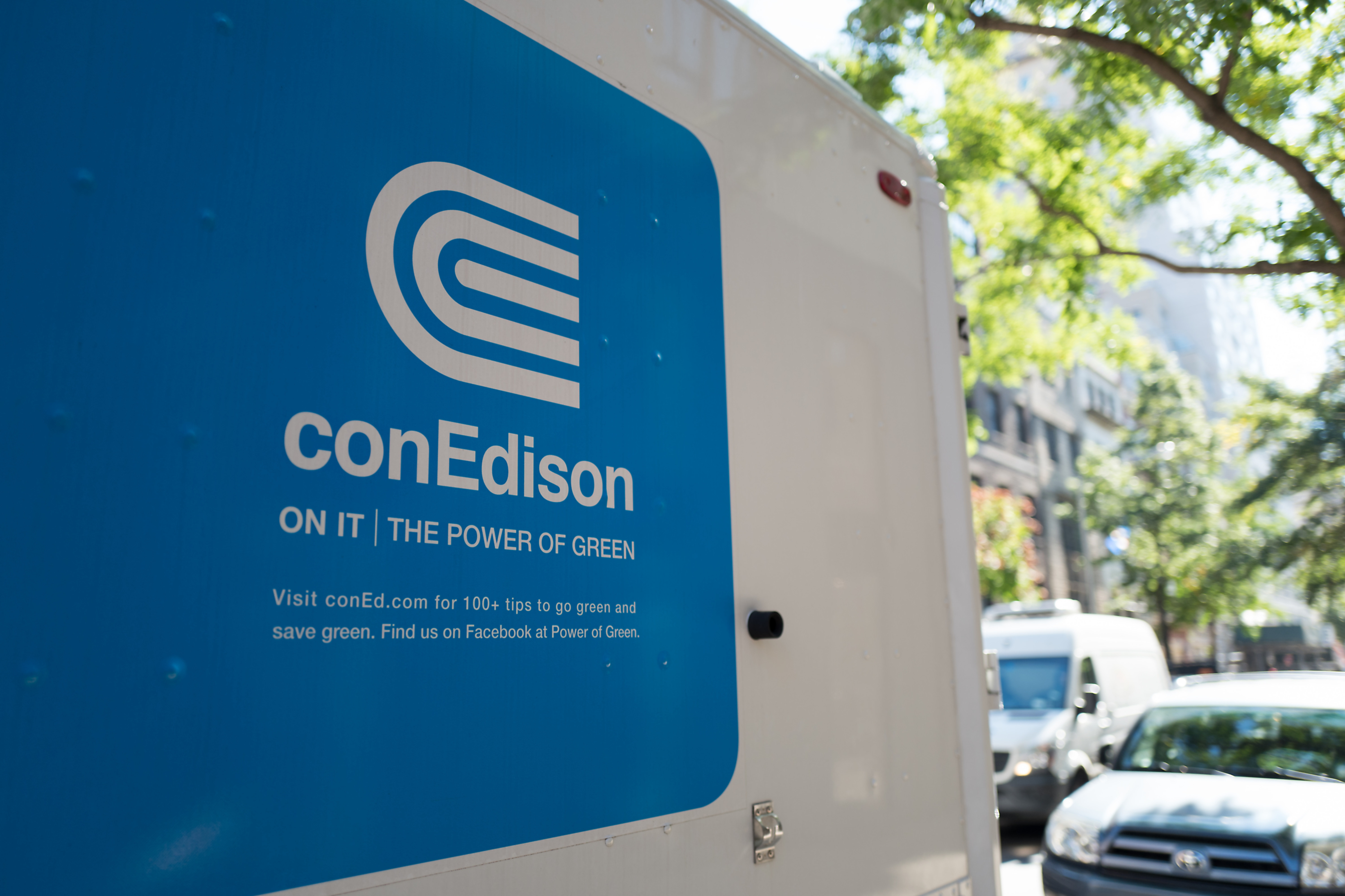 Logo for the electrical utility conEdison on the side of a truck on the Upper East Side of Manhattan, New York City, New York, September 15, 2017.